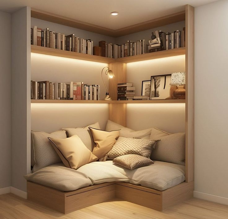 Built-in corner book nook with shelves, warm lighting, and cushioned seating for cozy wall decor.