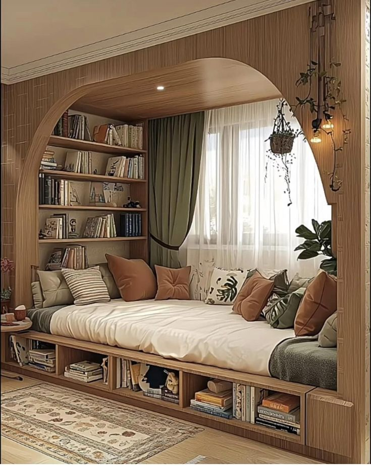 Bed with surrounding bookshelves and wooden arch design for functional and aesthetic wall decor.