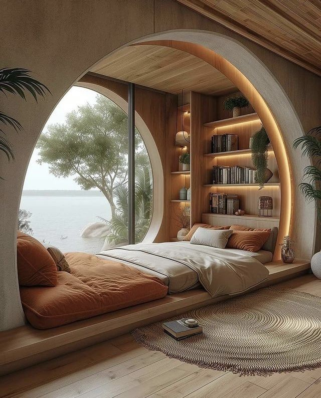 Circular window wall decor with ocean view, wooden shelving, and cozy bed seating.