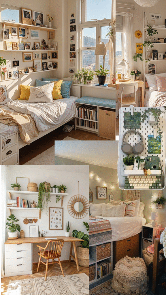 Collage of cozy small bedroom/dorm room decor ideas—sunny beds with gallery‐wall photos, window bench with bookshelf storage, wooden study desk with floating shelves and plants, string lights over a layered neutral bed, woven baskets, and a white pegboard organizer for headphones, camera, and notes.