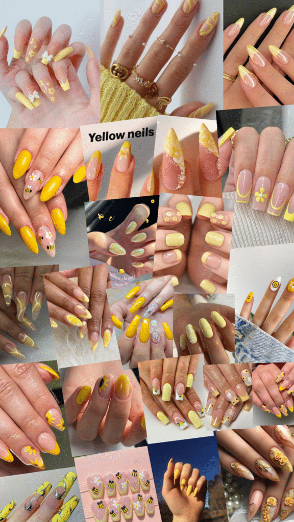 Yellow nails collage—sunflower nails, daisy florals, lemon French tips, chrome and ombré sets, bee and smiley nail art on almond, square, and stiletto shapes.