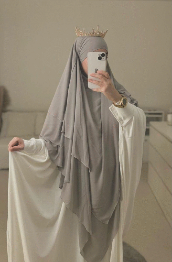 dove grey khimar over white abaya with delicate crown, modest occasion outfit mirror selfie