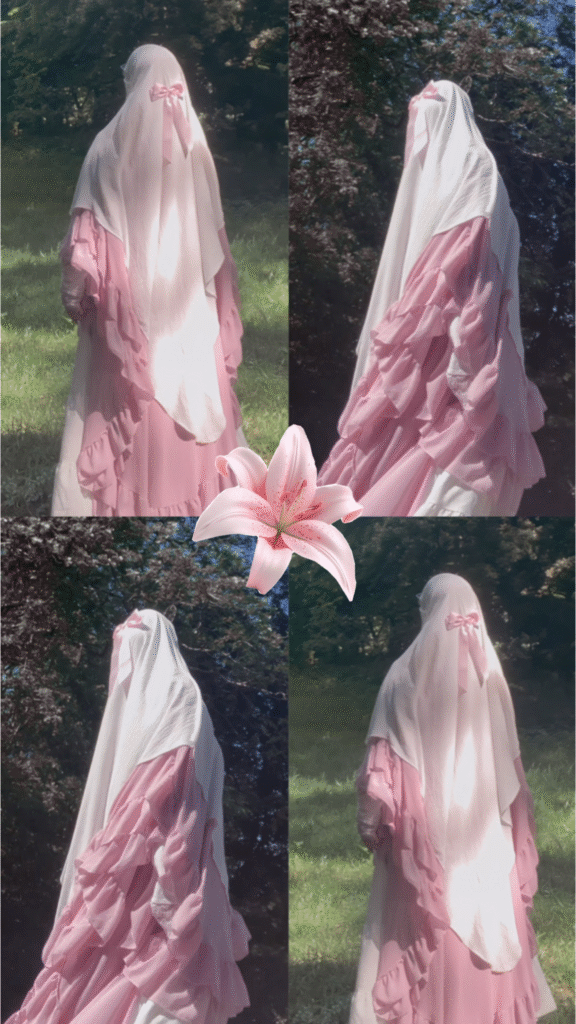pink ruffled jilbab with white khimar and bow, modest fashion collage in garden light