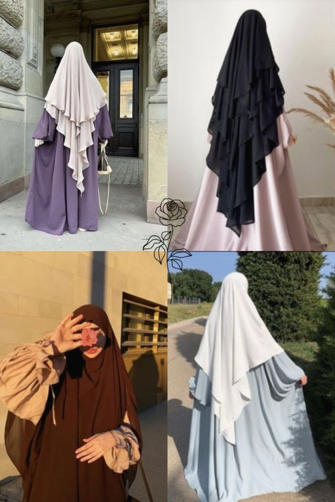 Modest fashion jilbab outfit collage featuring layered khimar styles—beige/purple, black/blush pink, chocolate brown, ivory/blue.