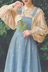 blue pinafore dress with tiny embroidery over peach balloon-sleeve floral blouse, cottagecore outfit