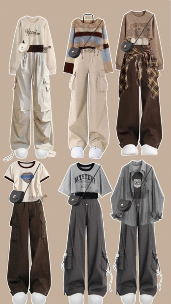 Collage of six neutral cargo-pants outfits with tops and sneakers.