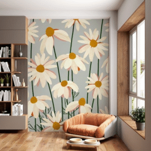 daisy floral wall mural on blue grey accent wall with low lounge chair