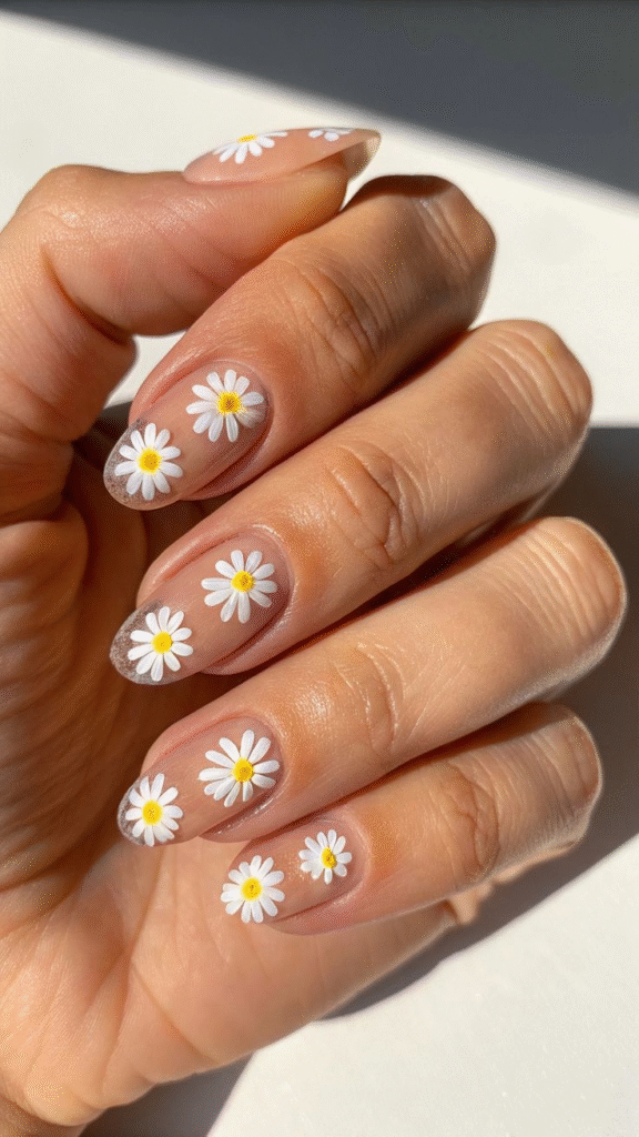daisy nails with white petals and yellow centers on sheer natural base, short oval