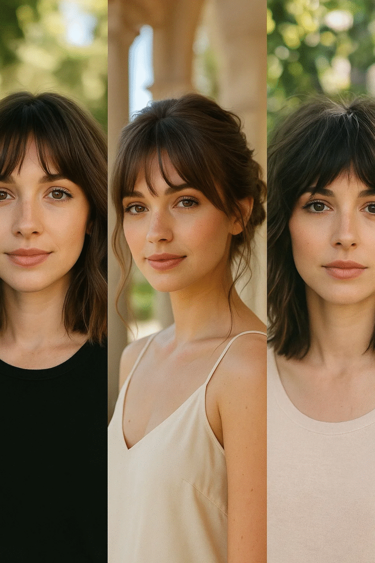 Wispy Bangs Styling Guide showcasing three flattering haircut combinations with soft fringe