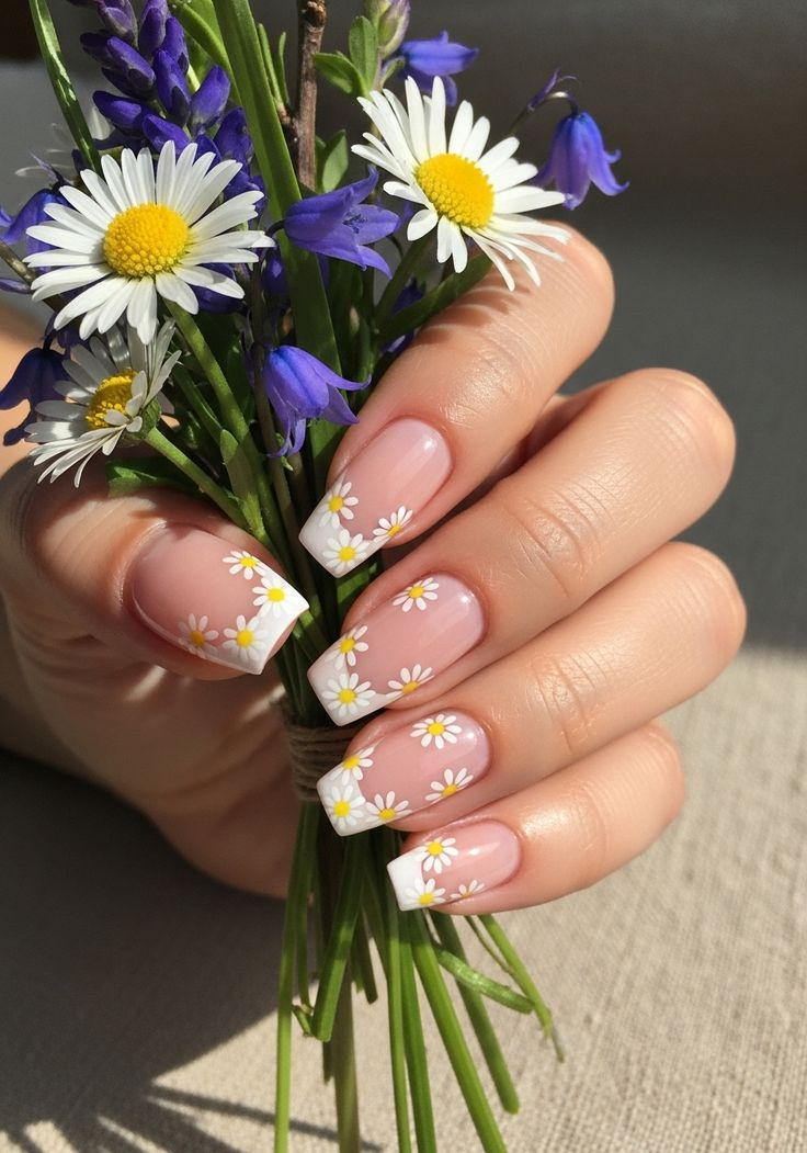classic French daisy nails with tiny white flowers along tips, glossy square manicure holding wildflowers