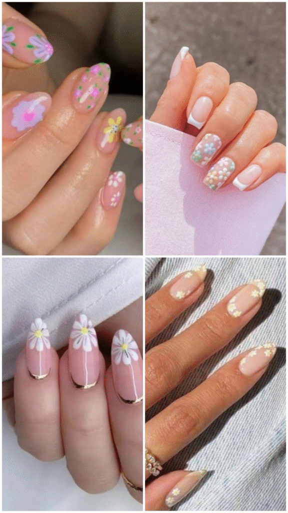 Daisy nails ideas collage—pastel flower art on sheer base, French manicure with daisy clusters, gold micro-French almond nails with big daisy, nude nails with tiny daisy trail.