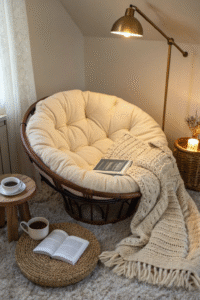 “Cozy reading nook with papasan chair, knitted throw, floor lamp and jute accents—neutral home decor idea for small corners.”