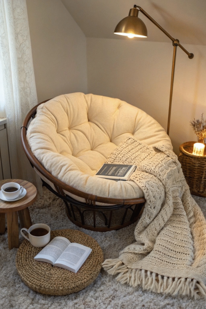 “Cozy reading nook with papasan chair, knitted throw, floor lamp and jute accents—neutral home decor idea for small corners.”