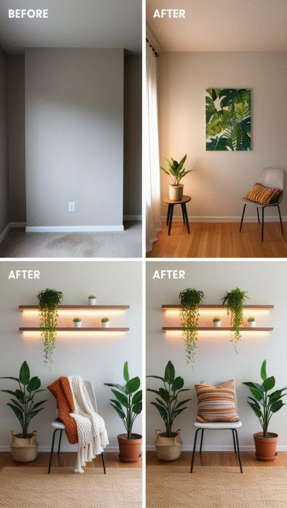 “Wall makeover before and after—floating shelves with warm backlighting, indoor plants and simple chair for modern home decor.”