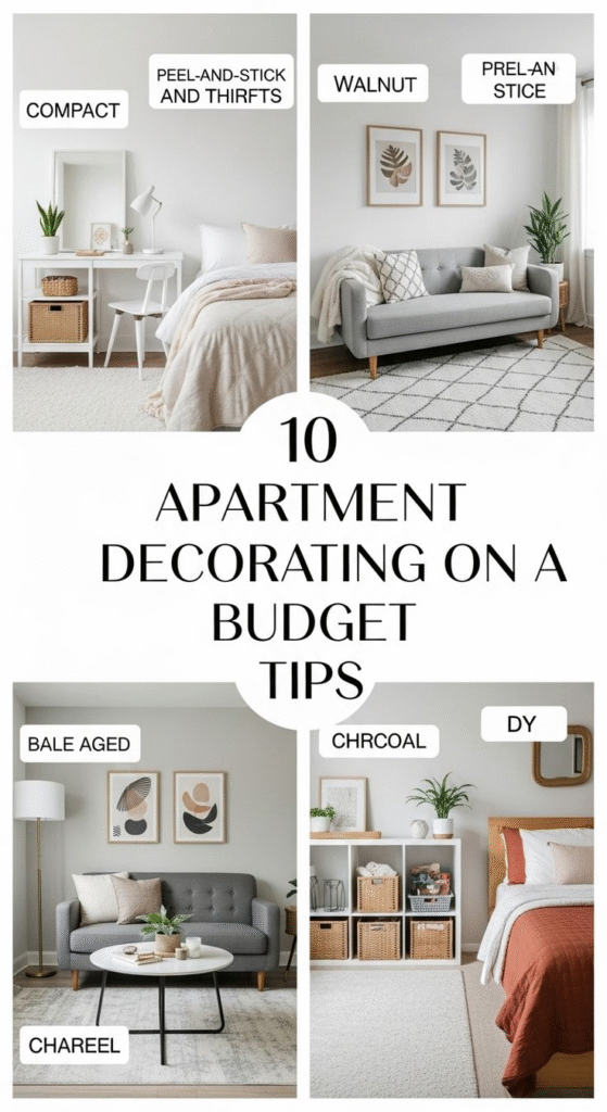 “Apartment decorating on a budget infographic—neutral rooms with storage baskets, plants, peel-and-stick upgrades and small space tips.”