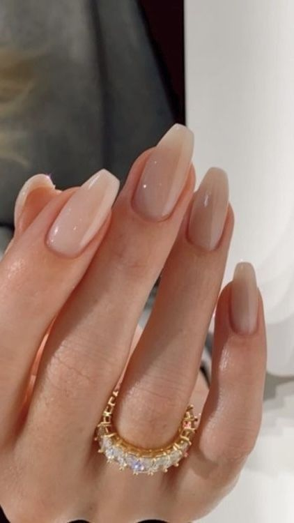 Old money nails in milky nude on short almond shape with high-gloss finish.”
