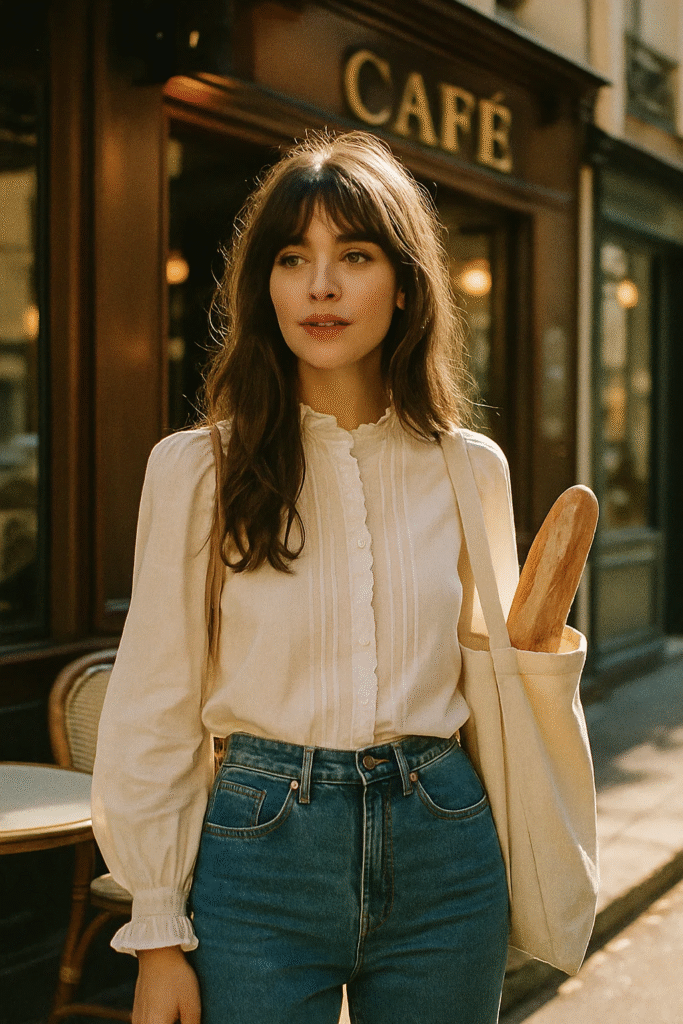 Birkin Bangs Hair styled with soft layers and parted fringe in Parisian street setting