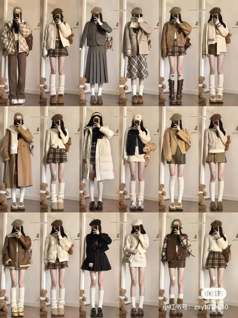 Autumn outfits collage with 20 cozy neutral looks—beige & brown plaid skirts, pleated sets, long coats, puffer jackets, cardigans, berets, knee-high socks and loafers; soft-academia fall style.