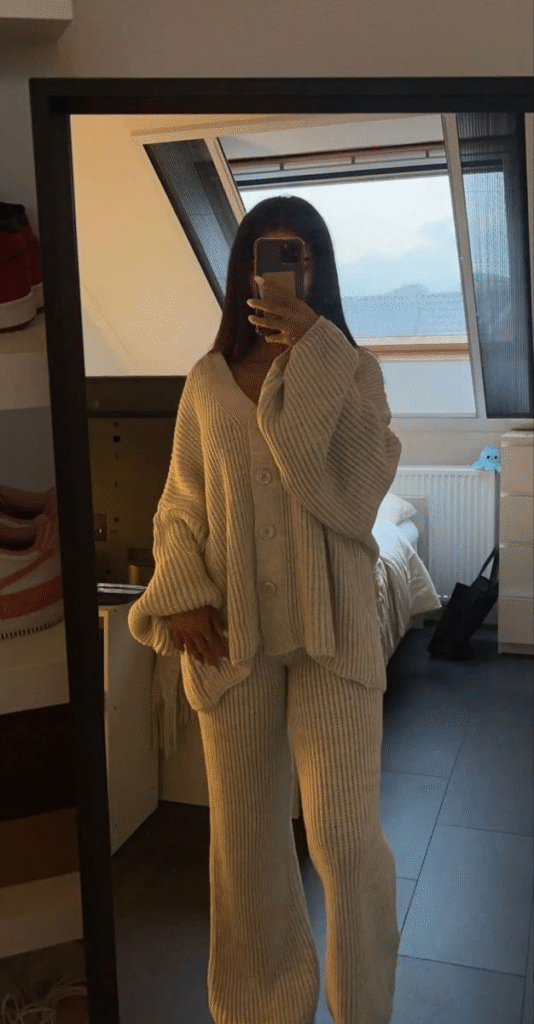 winter comfort dresses look — ribbed matching knit cardigan and pants set in cream, relaxed fit cozy outfit