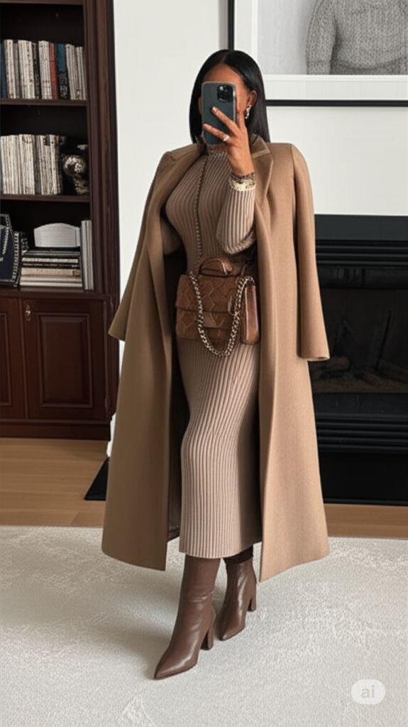 winter comfort dresses style — camel ribbed midi sweater dress with long tailored coat and knee-high brown boots