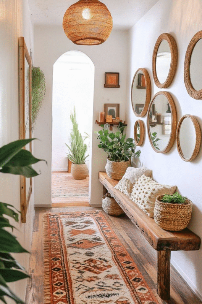 Boho hallway decor with rattan mirrors, rustic wooden bench, terracotta runner rug and houseplants on white walls.