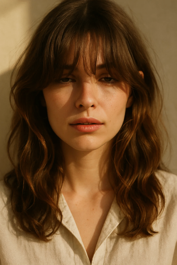 Birkin Bangs Hair with natural waves and soft fringe in warm lighting