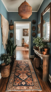 Blue-walled hallway with wicker pendant light, vintage patterned runner rug, rustic console table and potted plants.