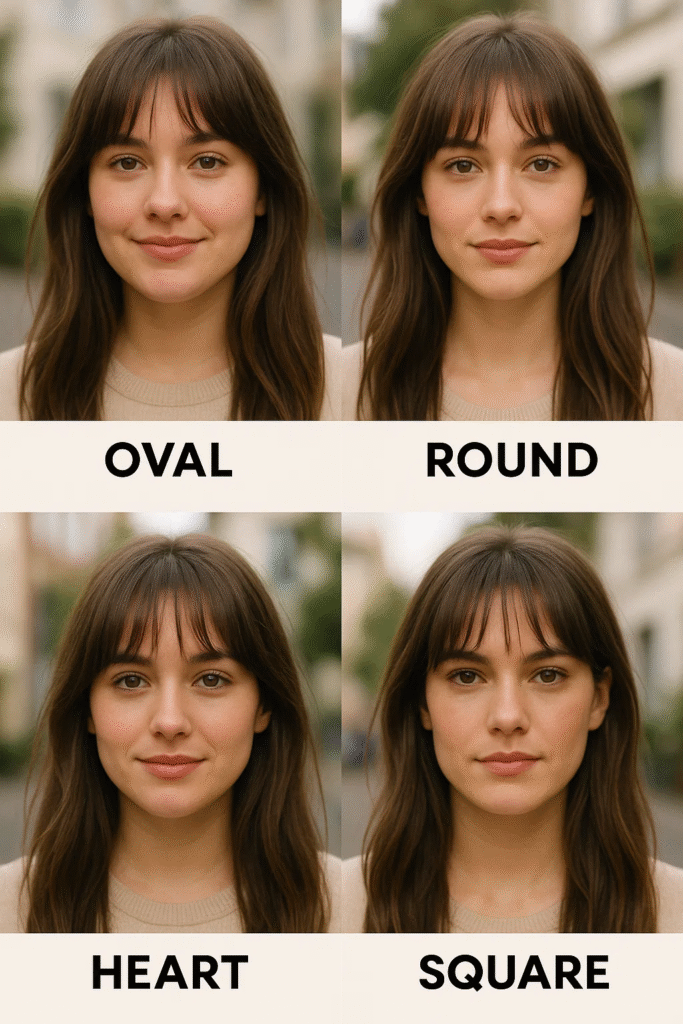 Birkin Bangs Hair styled across different face shapes to highlight versatility