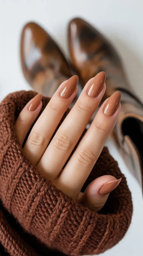 Warm caramel nude almond nails with glossy finish, styled with brown knit sweater.