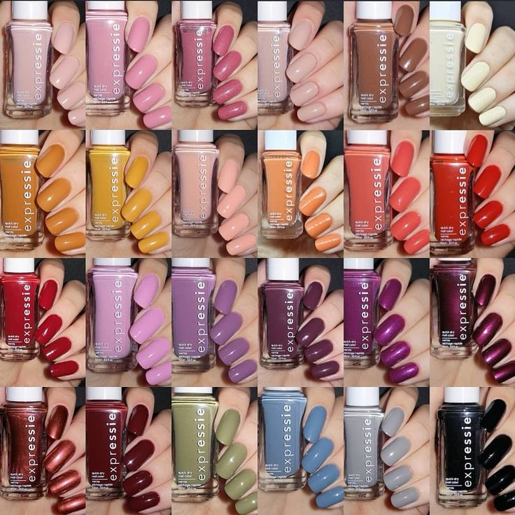 Nail polish swatch grid: 25 Essie Expressie colors displayed on nails next to the bottle for each shade.