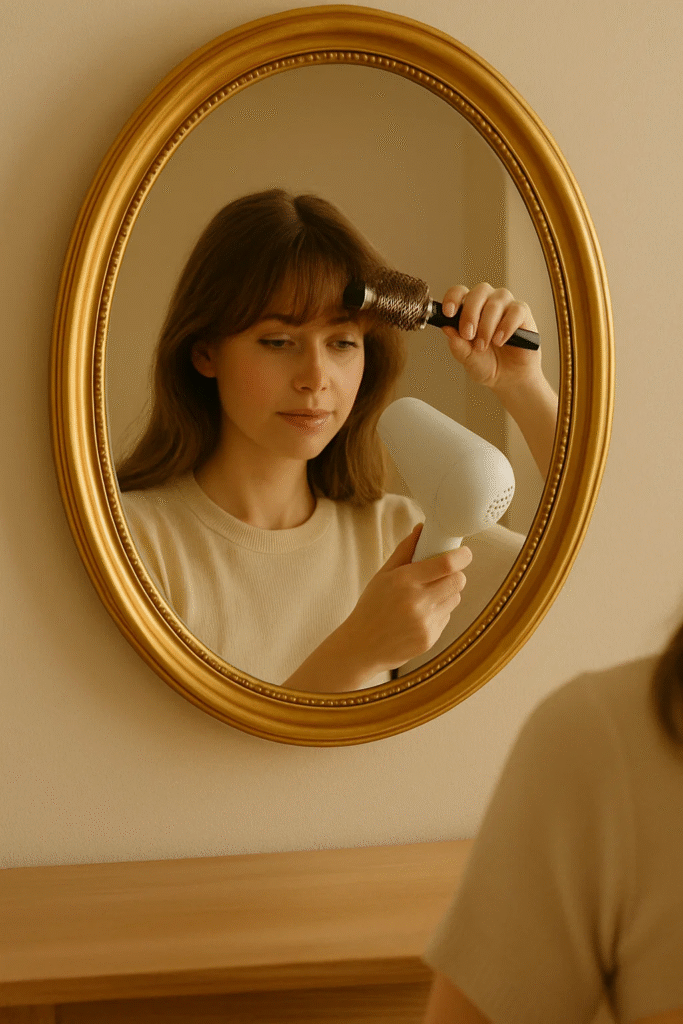 Styling Birkin Bangs Hair with a round brush for a soft parted finish