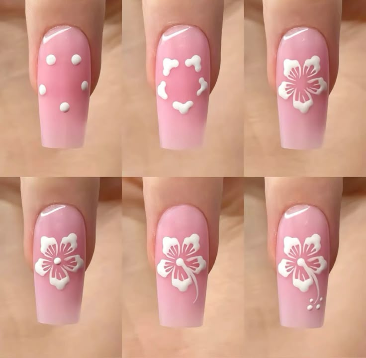 Step-by-step floral nail art tutorial on a pink coffin nail—start with white dots, build petals, add inner lines and a stem to create a 3D white flower.