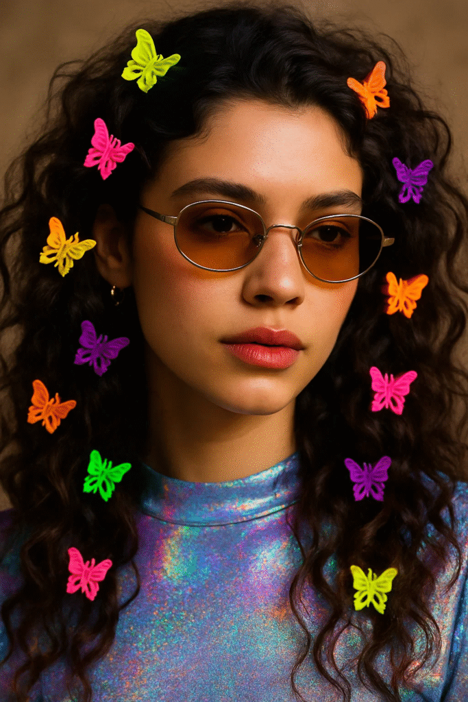 DIY butterfly clips hair look using neon accessories for a retro-modern feel.