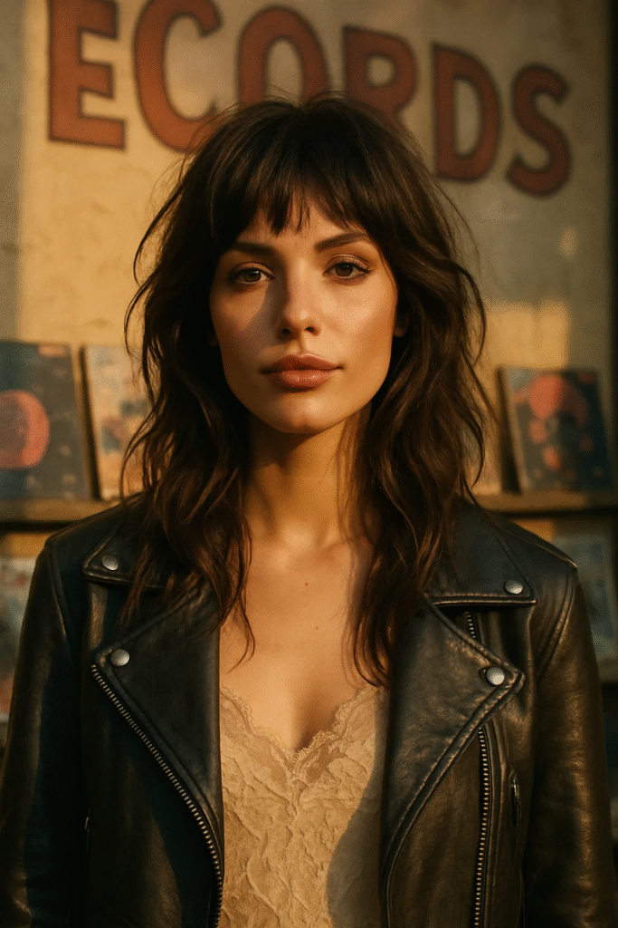 Long Wolf Cut Hairstyle with rock ’n’ roll layers and soft fringe in a retro city scene