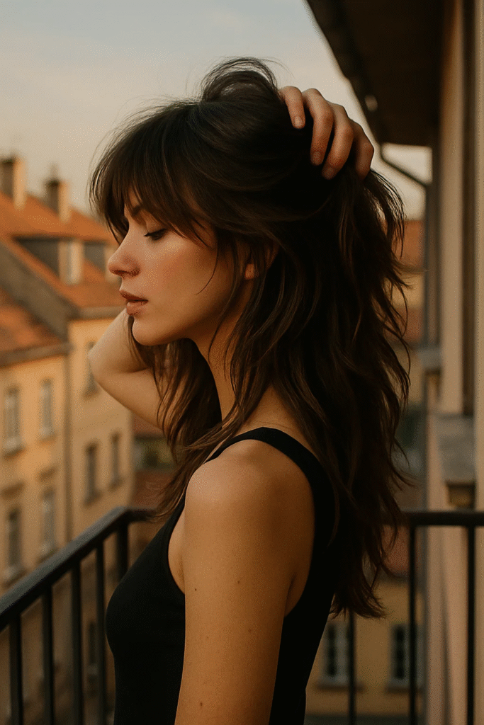 Long Wolf Cut Hairstyle showing soft fringe and layered texture in natural light