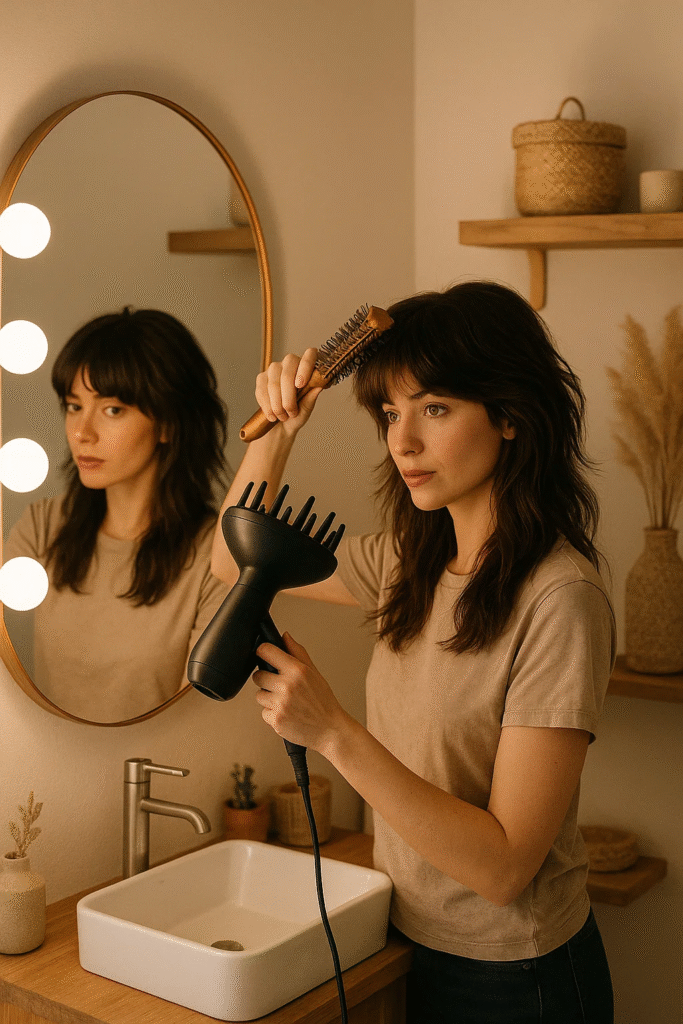 Styling the Long Wolf Cut Hairstyle with a diffuser and brush for layered volume