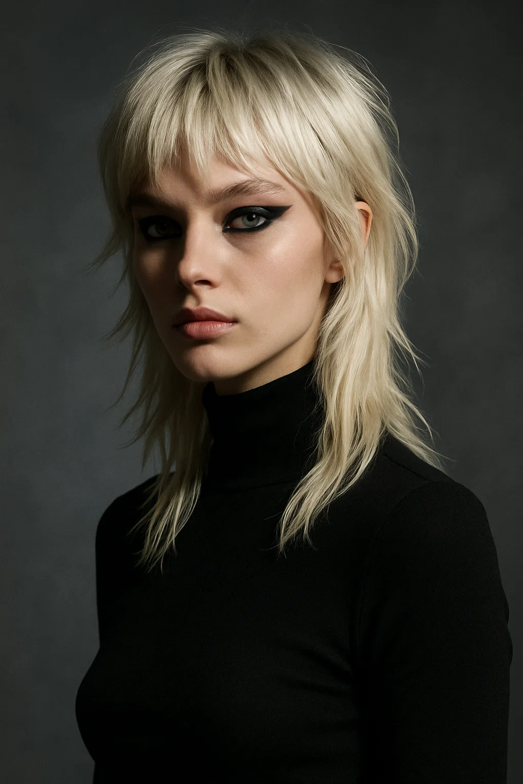 Long Wolf Cut Hairstyle on editorial model with layered ends and fringe