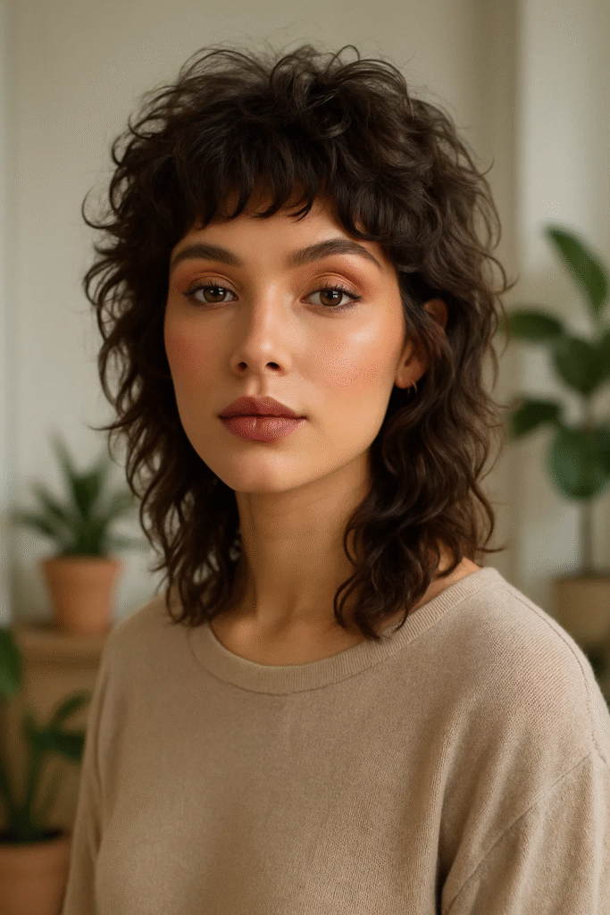 Shaggy Mullet Haircut styled naturally on curly hair with retro-modern layers