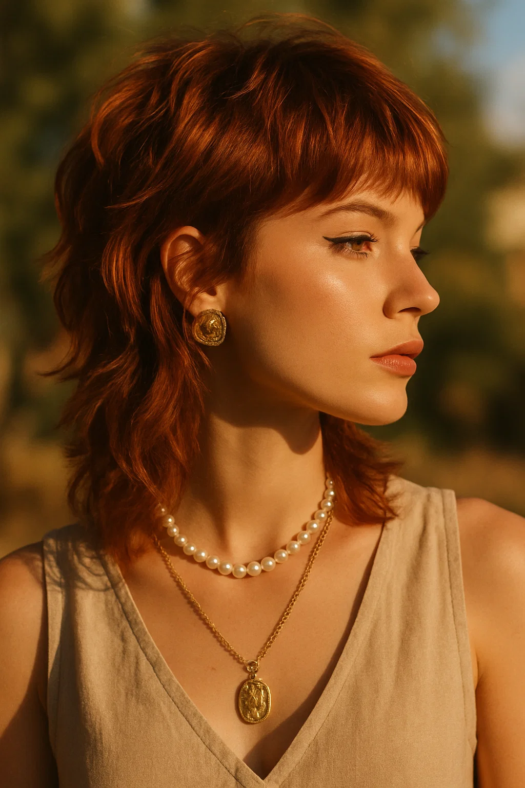 Copper-colored Shaggy Mullet Haircut styled for retro-inspired glam