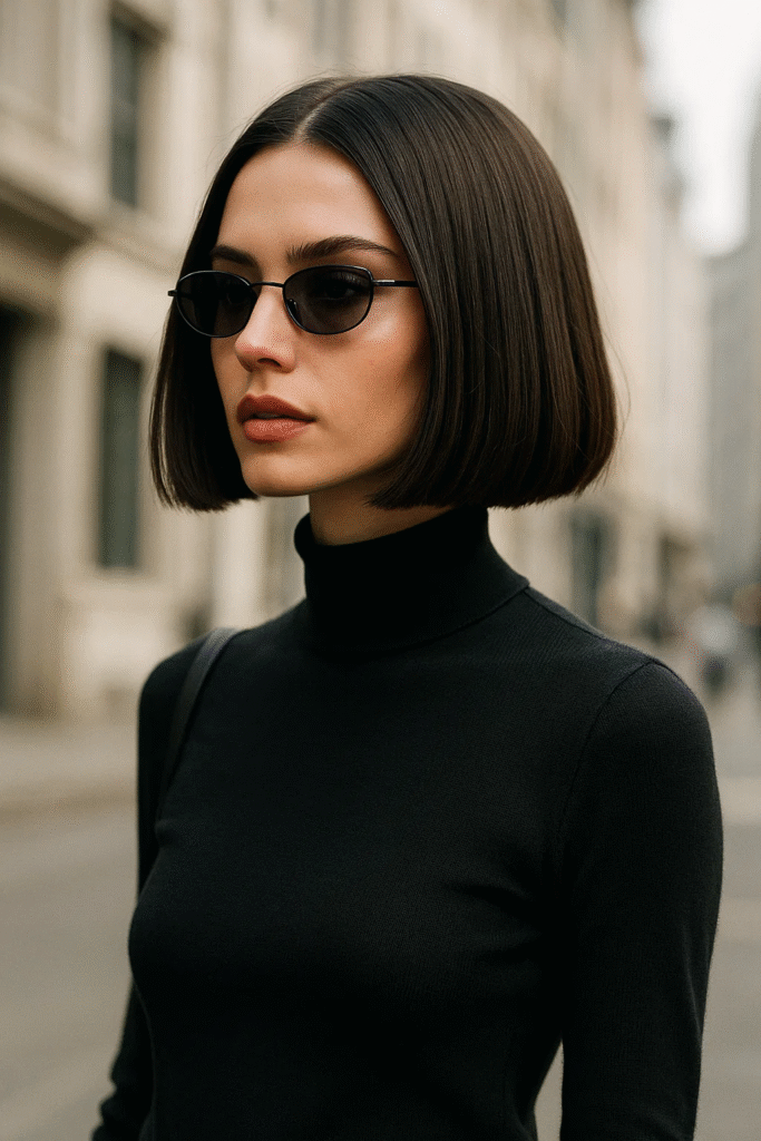 90s Bob Haircut Trend styled with center part and minimalist Y2K fashion