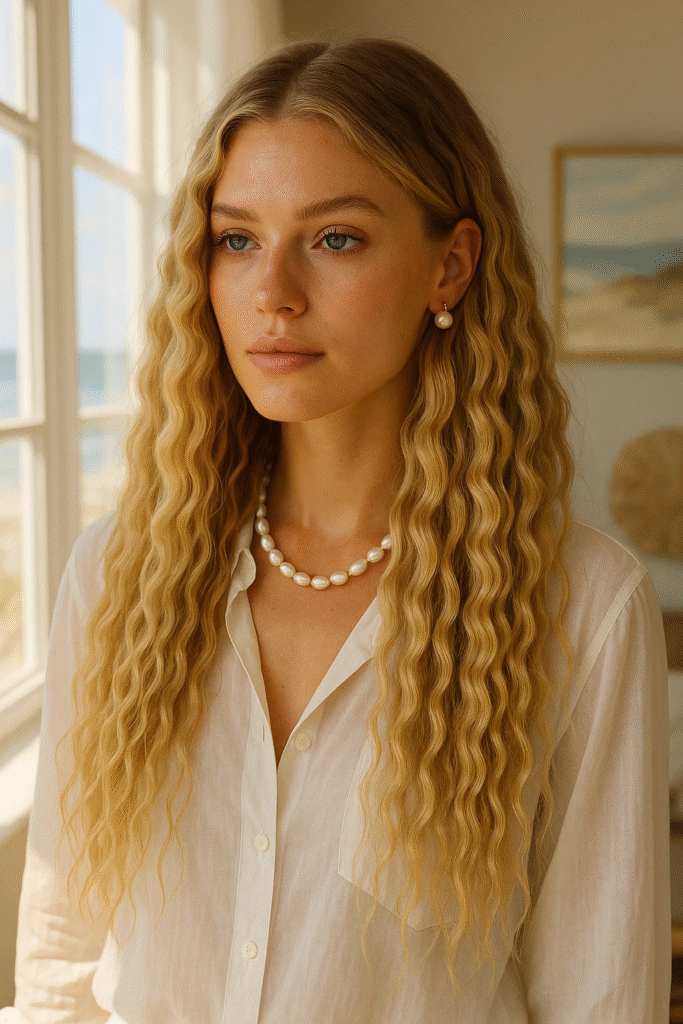 Mermaid Waves Crimping hairstyle with beachy blonde waves and soft coastal styling.
