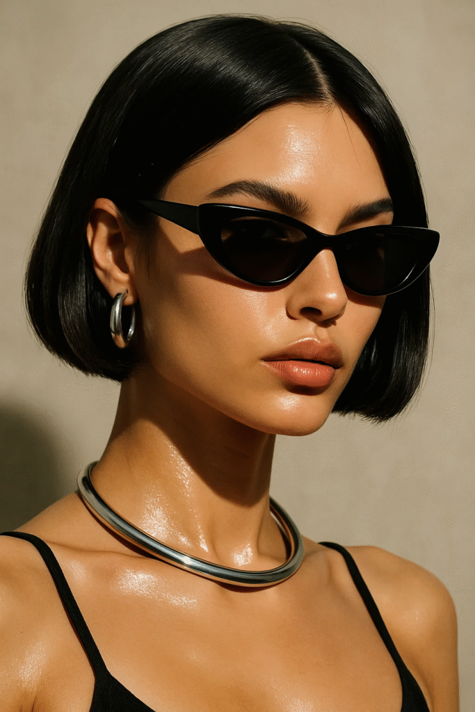 90s Bob Haircut Trend worn with high-shine finish and Y2K sunglasses


