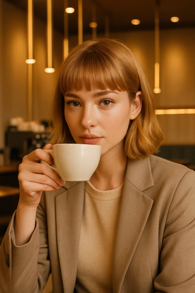 Blunt Bangs Hairstyle paired with honey-blonde lob for a soft-bold contrast