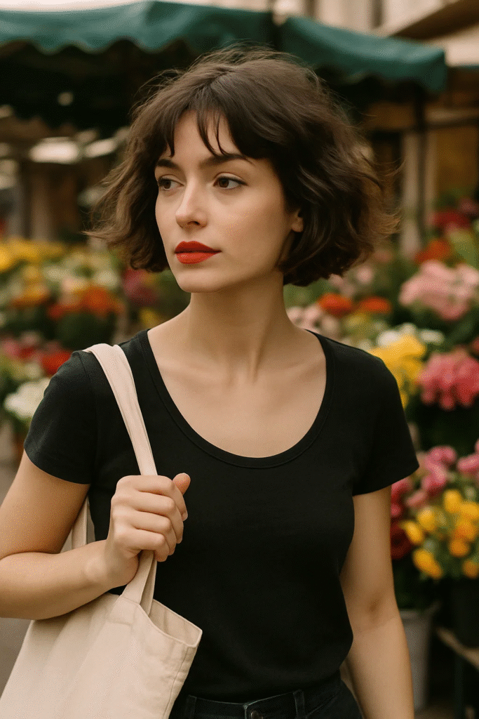 French Bob Haircut worn with waves and fringe for casual French-girl charm