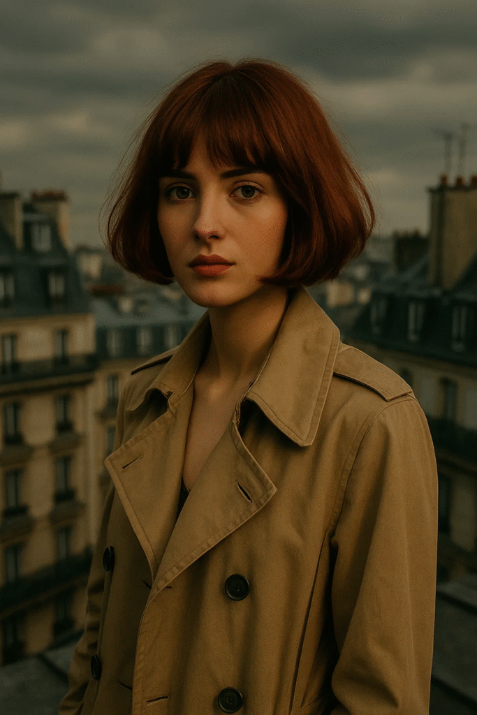French Bob Haircut with copper color and soft fringe for elevated dimension

