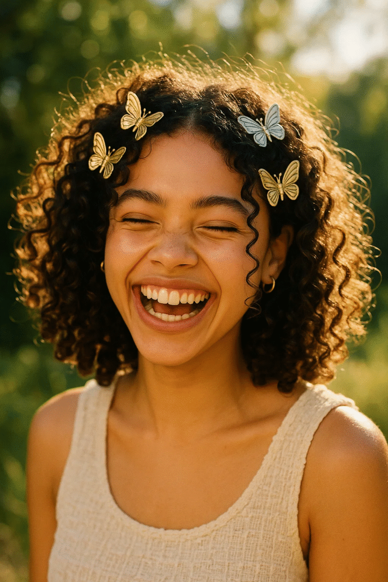 Butterfly clips in curly hair for a voluminous and playful look.