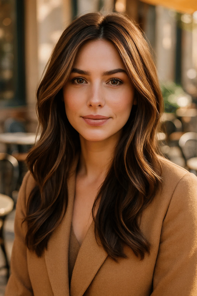 Mocha brown hair color styled in soft layers with rich, dimensional tones