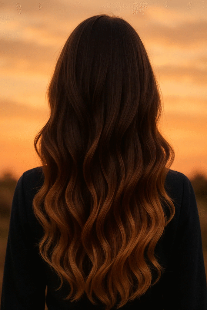Mocha brown ombré hair with soft golden ends for blended color flow