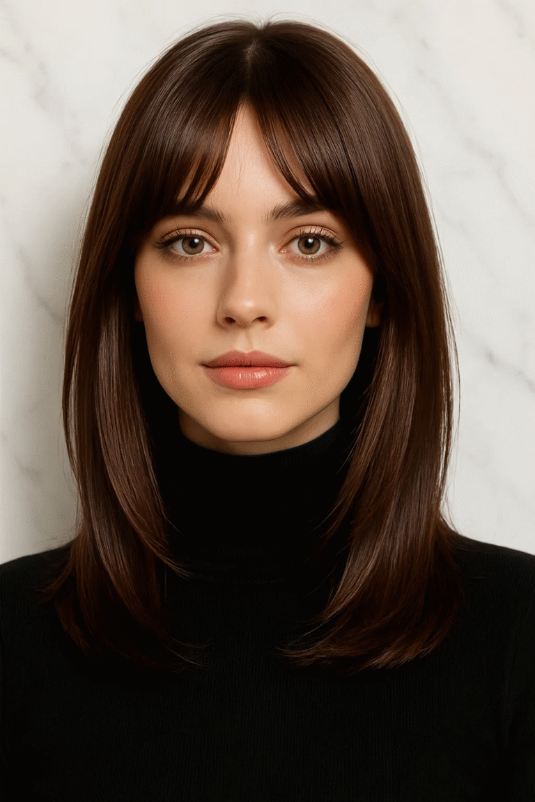 Glossy mocha brown hair with curtain bangs for French-chic appeal