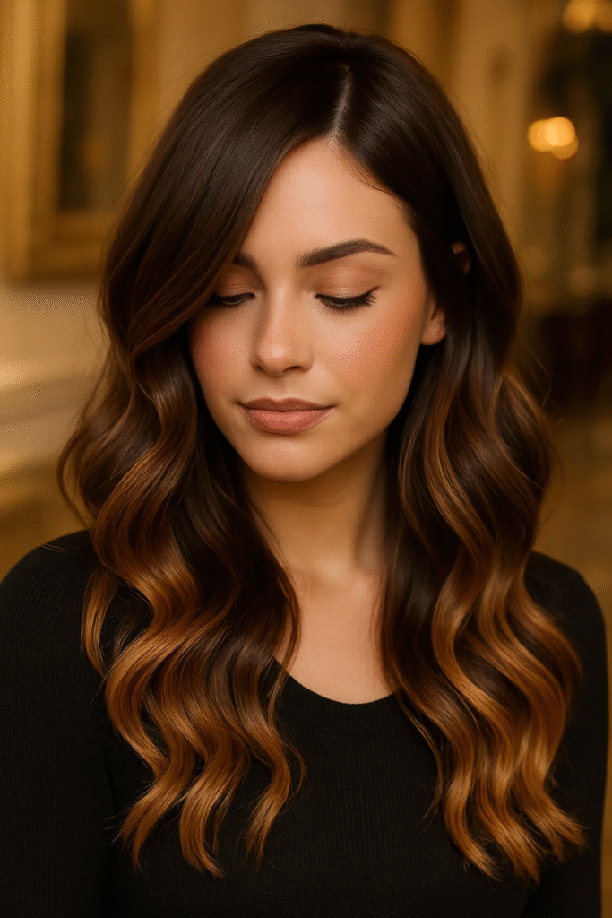 Mocha melt hair with toffee ends for warm dimension and movement